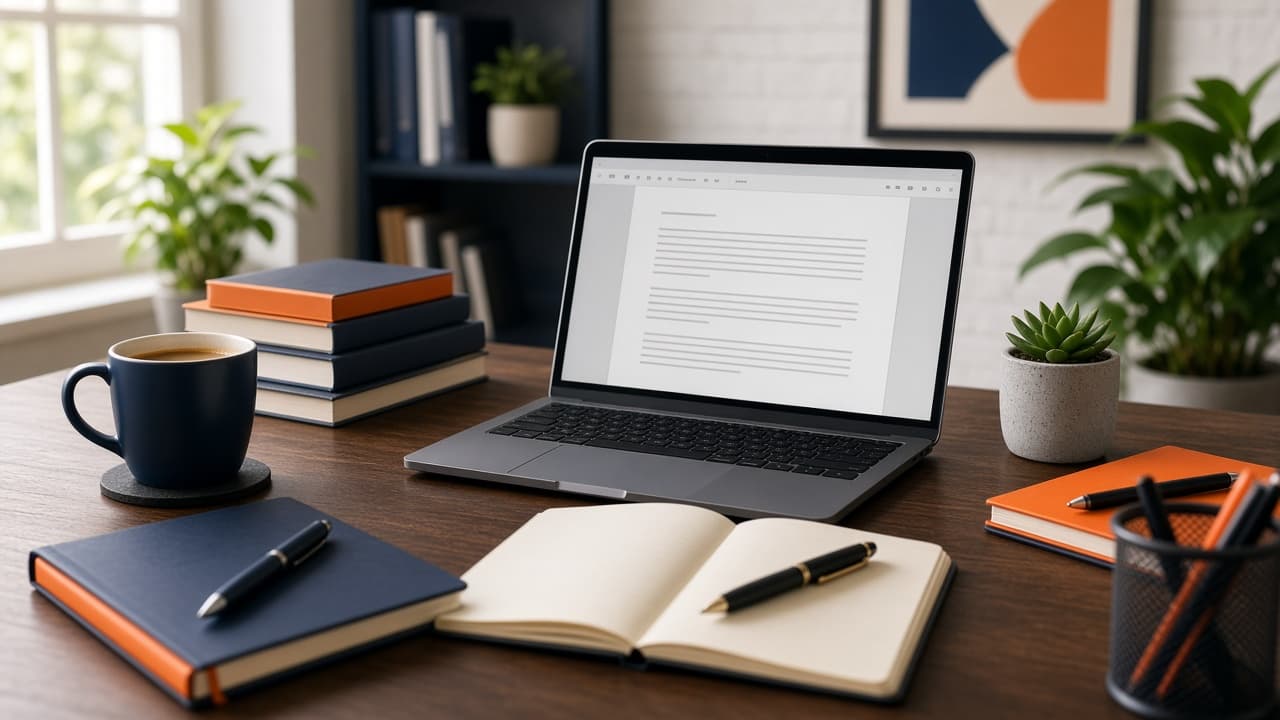 Content marketing desk with notebook and laptop