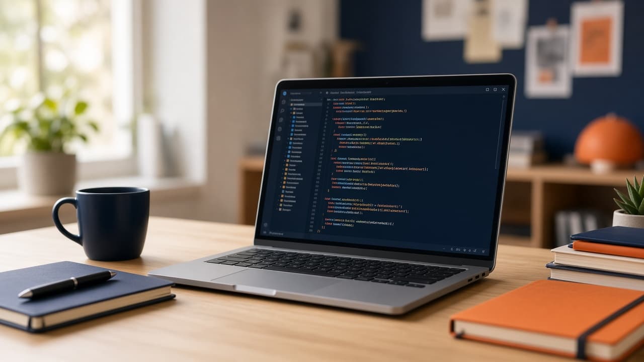Senior Frontend Engineer workspace with laptop and code