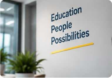 Office wall with the words Education, People, Possibilities