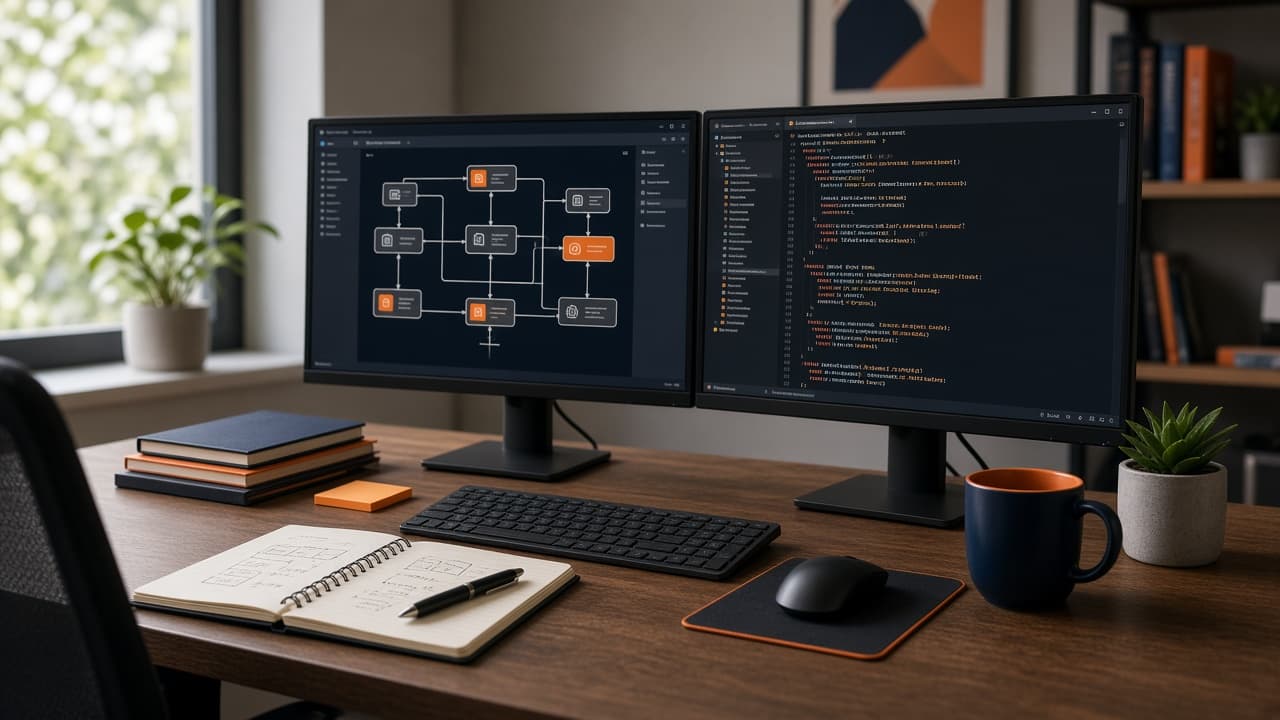 Backend engineering desk with dual monitors