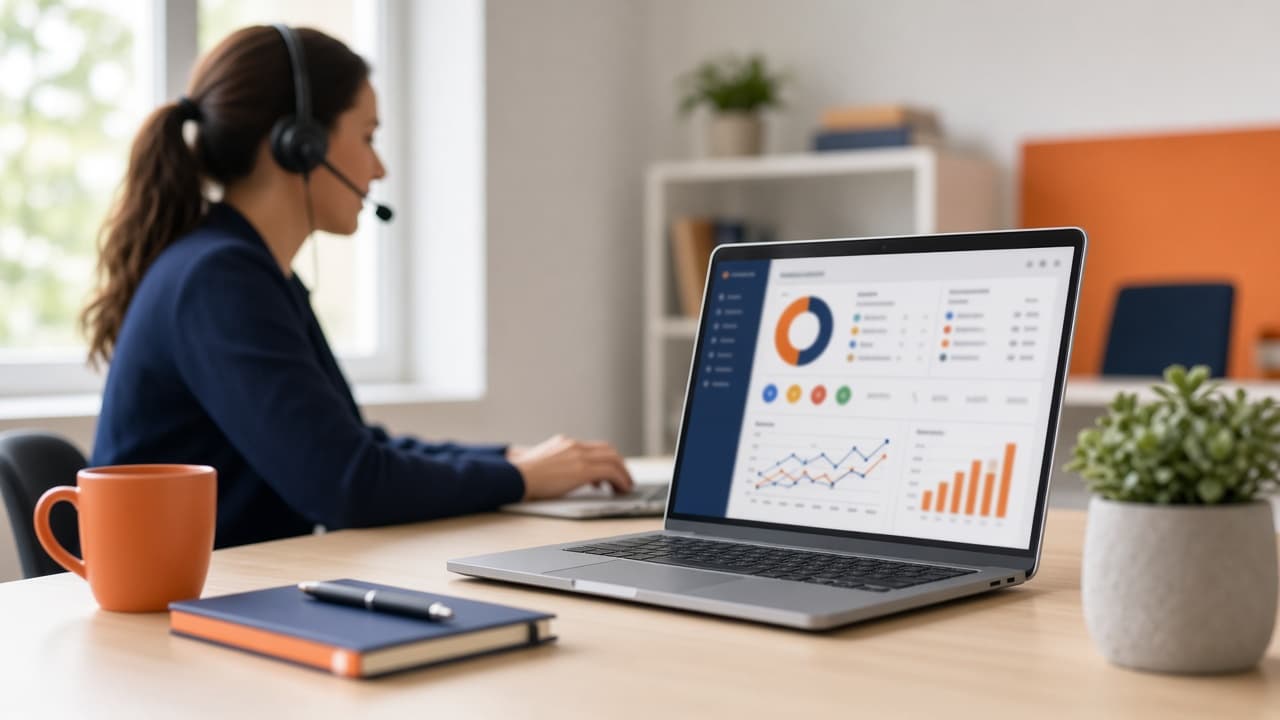 Customer success workspace with headset and laptop
